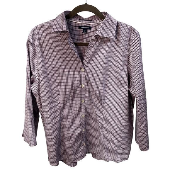 Lands End Womens 18p‎ Pinpoint Oxford 3/4 Sleeve Plaid Purple Classic Preppy - Picture 1 of 13